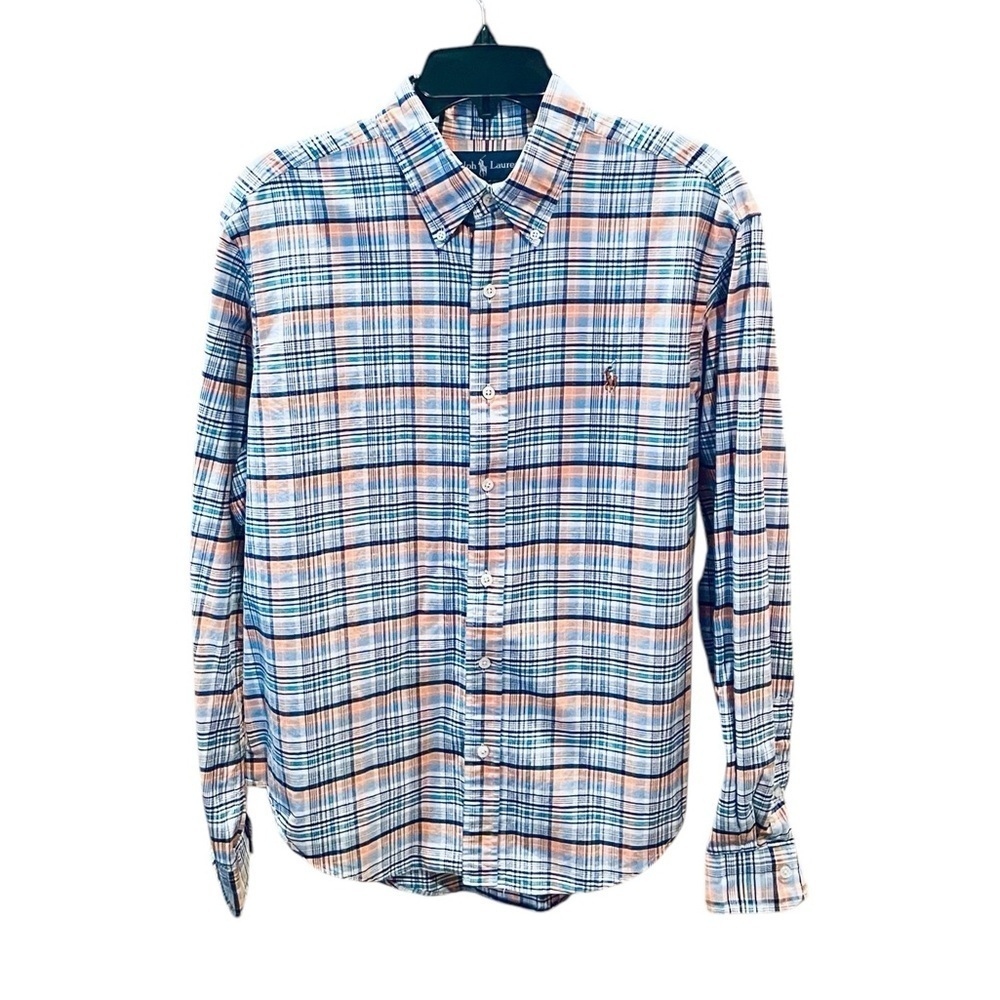 Ralph Lauren Classic Fit button down cotton shirt L blue orange white Easter